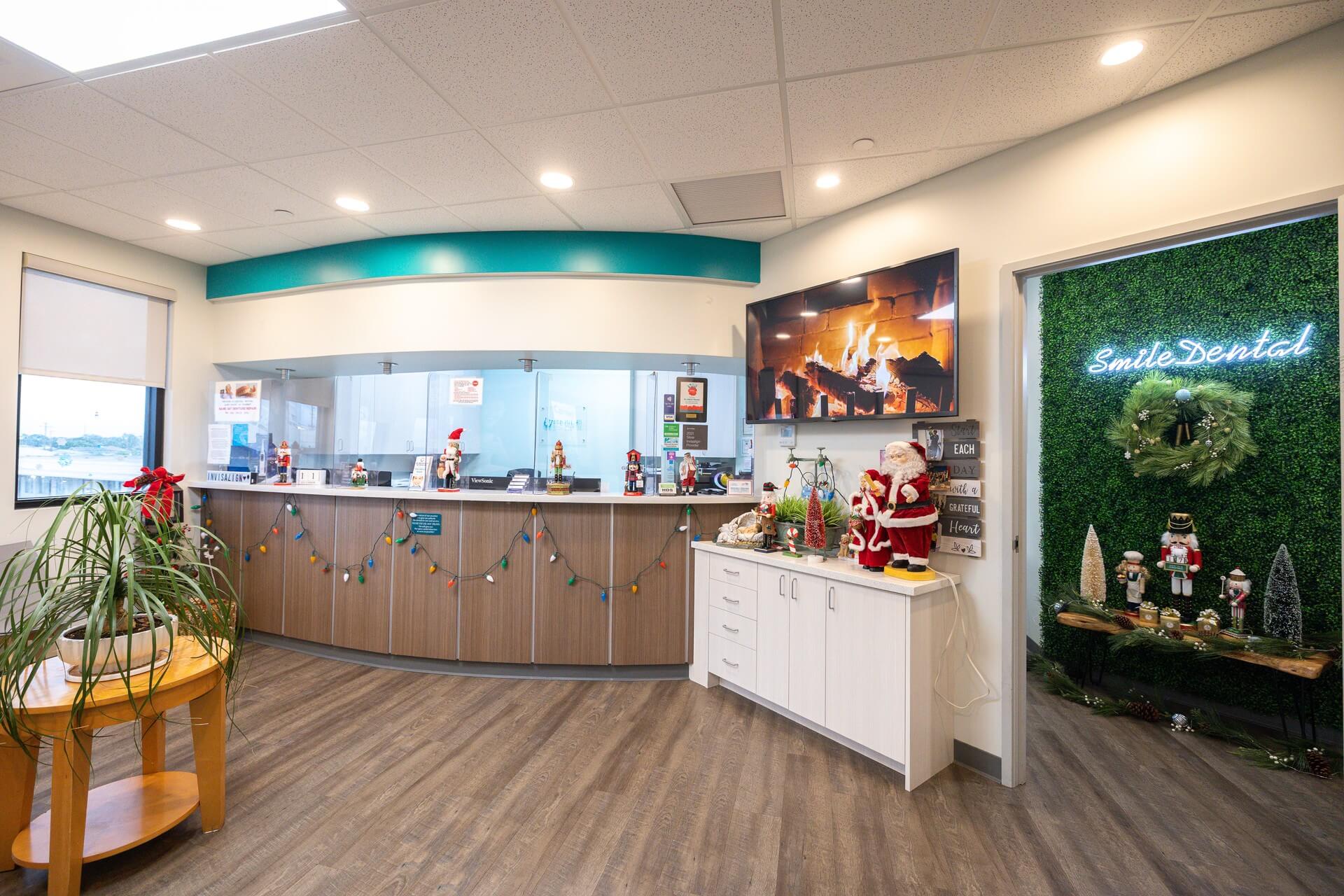 Smile Dental Center front desk and lobby with holiday decor